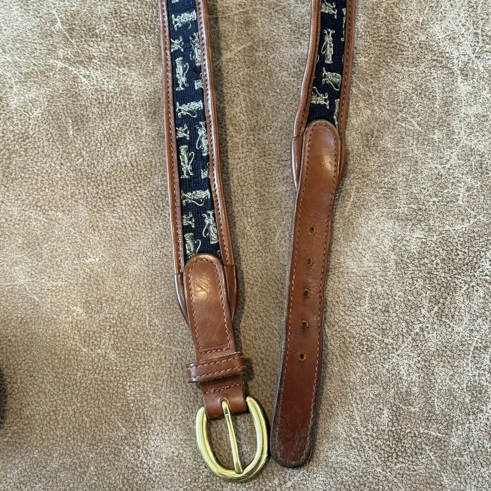Brooks Brothers Golf Print Leather Canvas Belt Solid Brass Buckle Brown 42